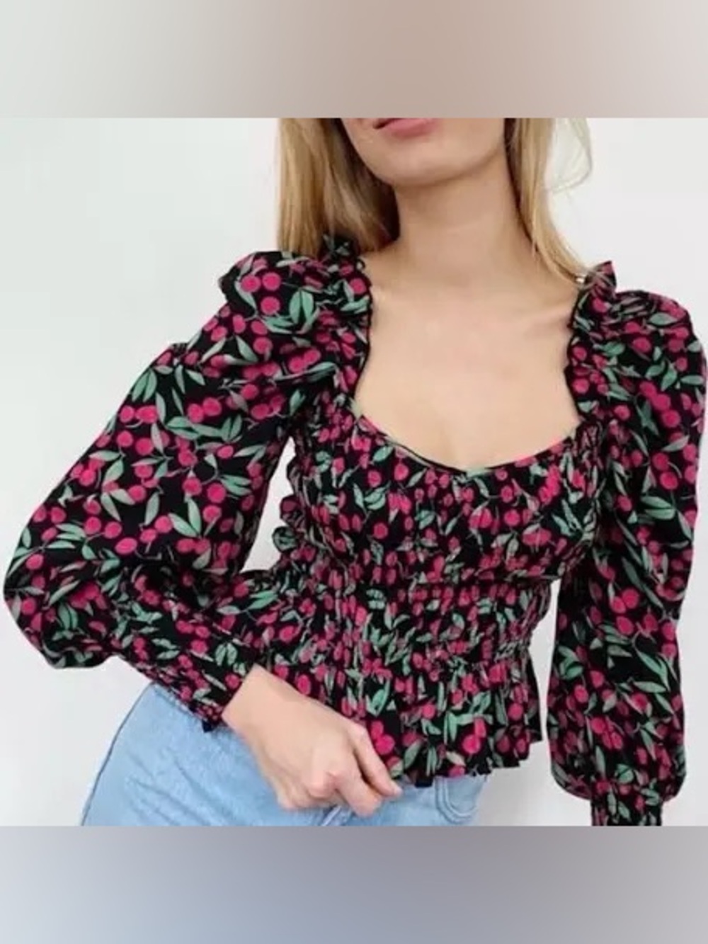 Topshop Black Cherry Print Smocked Peplum Blouse